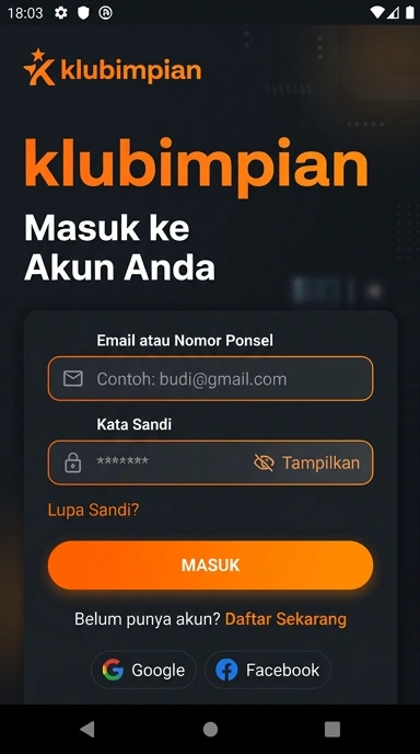 Tampilan halaman login klubimpian