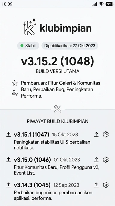 Tampilan riwayat versi klubimpian